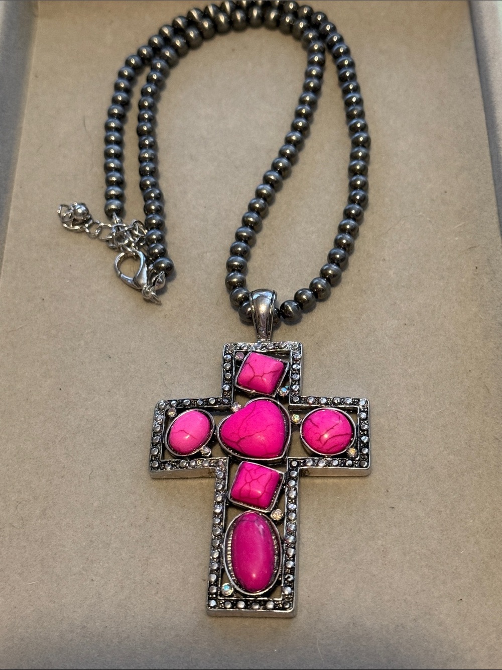 Silver-Tone Cross Pendant Necklace with Bright Pink Stones